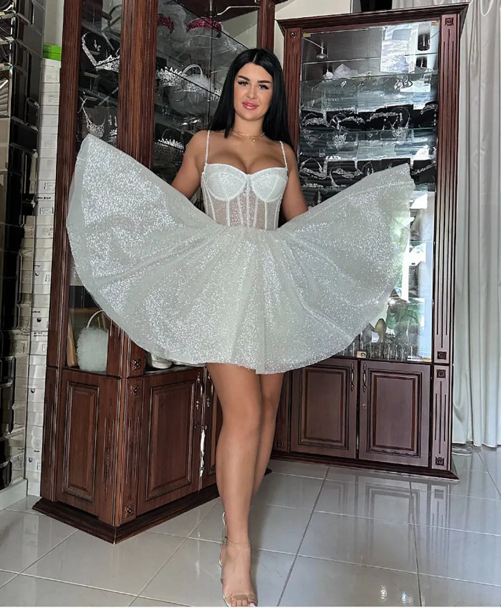 Short Wedding Dresses Sparkly Sequins Bridal Dress Spaghetti strap Corset Sexy Bride Gown Mini Party Dress Civil Customized