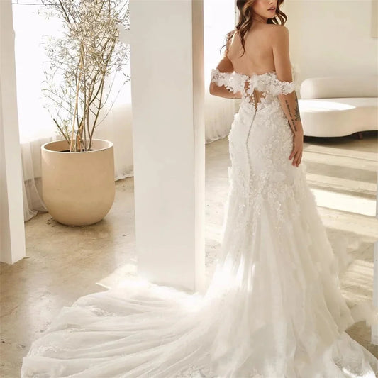 Exquisite Mermaid Wedding Dress Off The Shoulder Sweatheart Lace Appliques Backless Robe De Mariée Customized