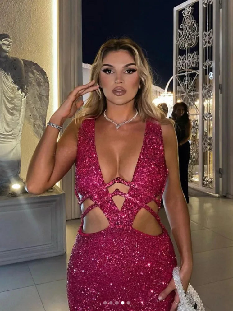 Women Luxury Sexy V Neck Cut Out Red Sequins Maxi Long Gowns Dress Elegant Evening Party Club Dress Vestido