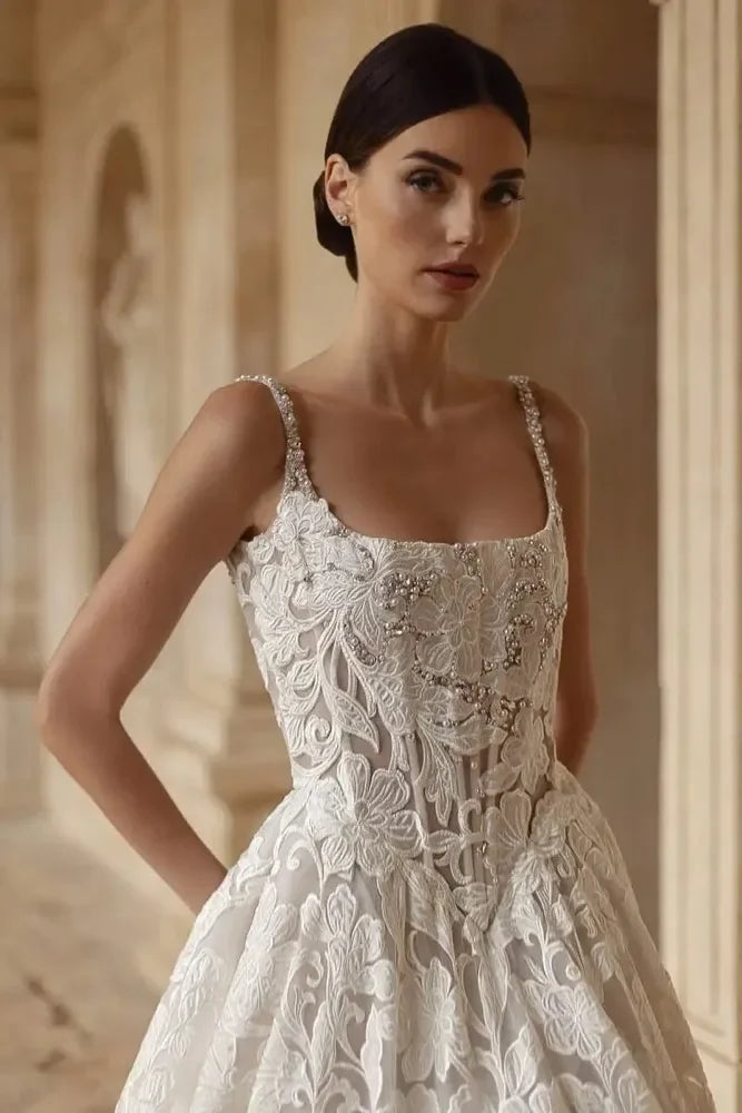 Customized Lace Wedding Dresses Spaghetti Straps Women Robe Sleeveless Bridal Gown Square Collar Vestidos Vestido De Novia
