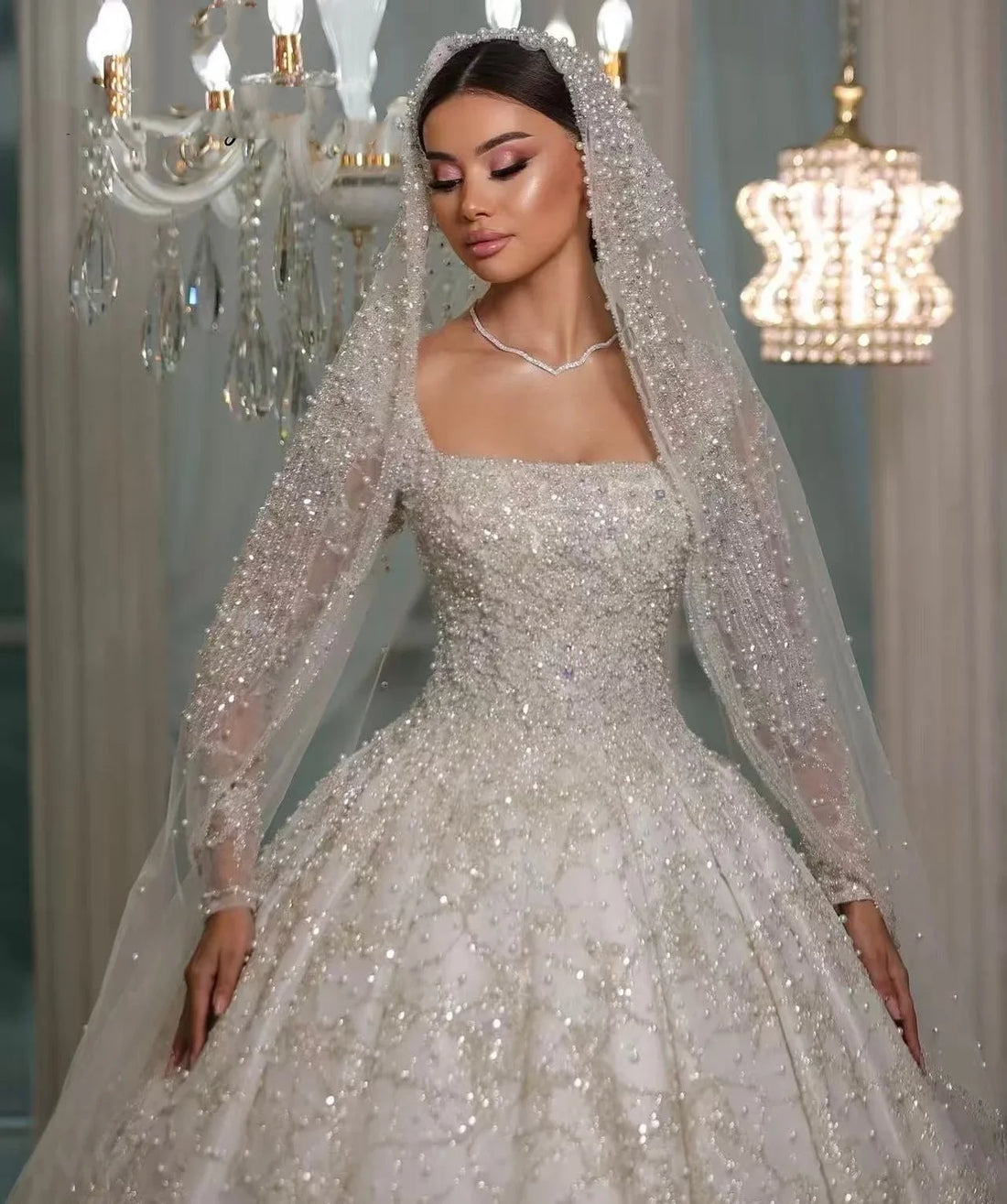 Square neck wedding dress long sleeve lace sequined beaded bridal gown woman