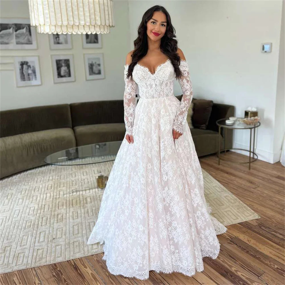 Vintage Boho Long Sleeve Wedding Dresses Lace Sweetheart Sweep Train Korean Bride Dress 2024 Women Bohemian Wedding Gowns