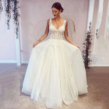 Luxury V Neck Backless Wedding Dresses For Bride Tulle A -Line Beaded Lace Appliques Brides Dress Customized Bridal Gown