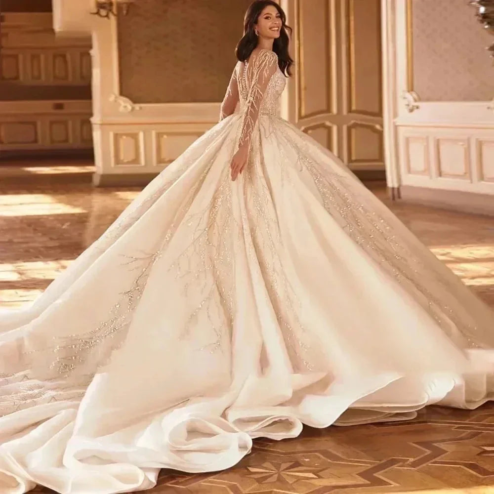 Luxury puffy wedding dress sheer neck lace sequins long sleeves satin church bride bridal gown