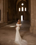 Off-shoulder puff sleeves lace boat neck elegant mermaid wedding dress bridal gown ivory