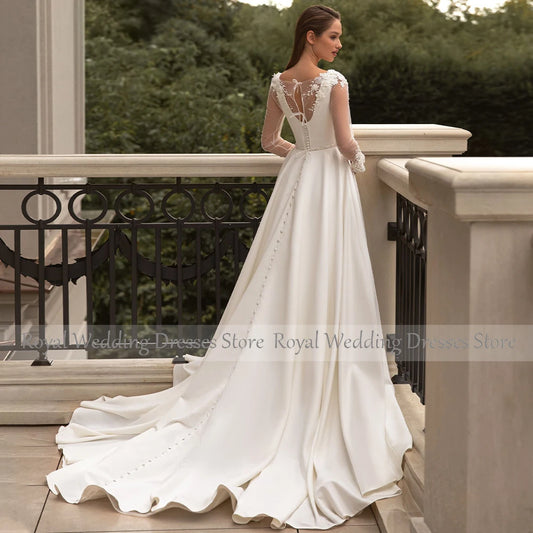 Luxury Wedding Dress for Women 2023 Bride Ivory Satin  Gowns with Jacket Long Sleeves Beading Applique A Line Bridal Gown