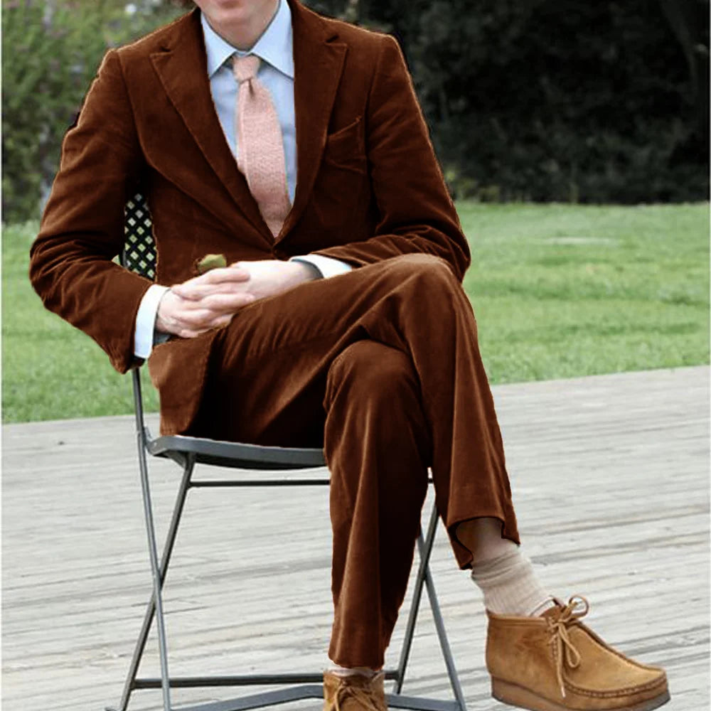 Men wedding suit corduroy single breasted slim casual Christmas 2 piece blazer pants
