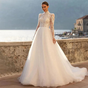 High Collar Vestidos De Novia Customized Sexy Lace Princess Wedding Dresses Appliques Vestido De Noiva