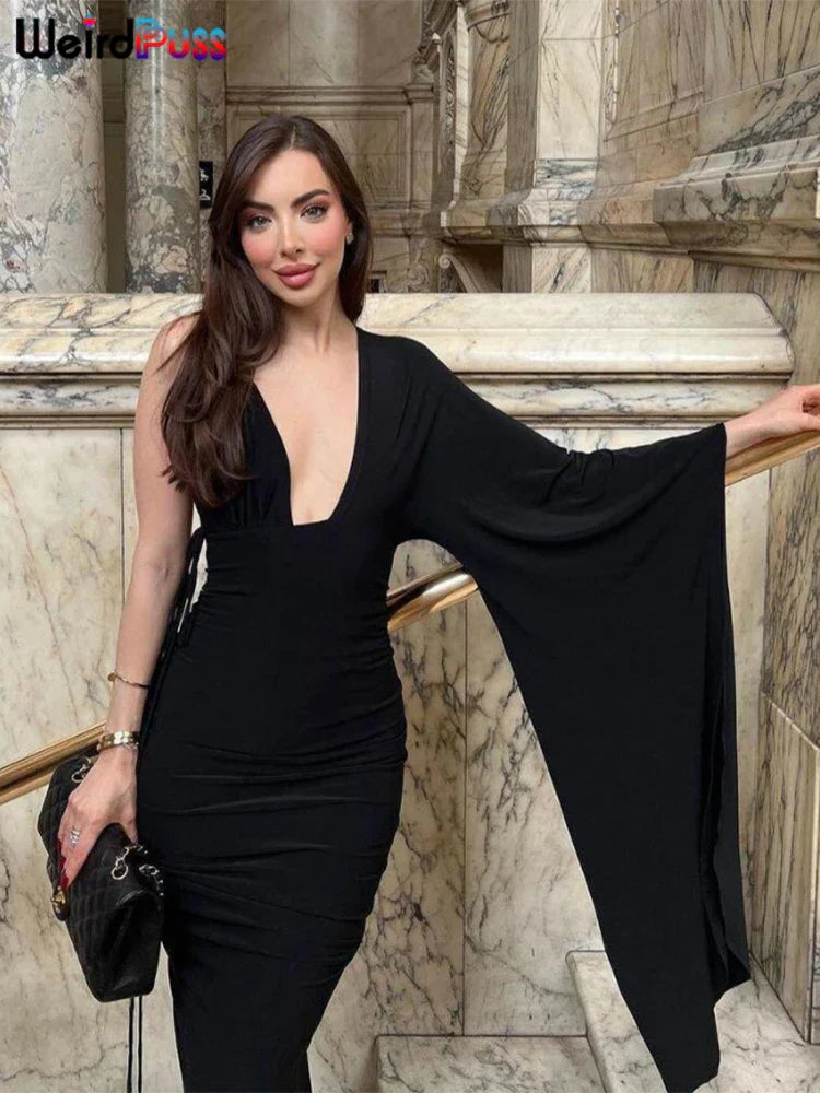 Weird Puss Backless Bandage Women Hip Dress v Neck One Shoulder Ruffles Bodycon Ladies Fashion Party Stage Performance Wear