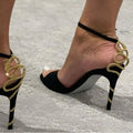 Round toe rhinestone spiral ankle buckle snake open high heels summer party women sandals back view