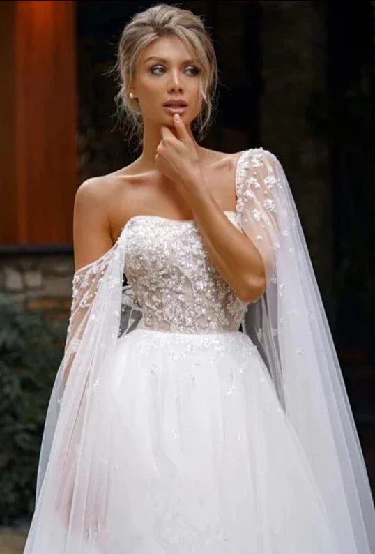 Ivory Princess Wedding Dresses With Cape Tulle Backless Sexy Boho Bride Gowns Vestidos de novia Party