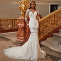 O-neck full sleeve beading mermaid detachable train bridal gown size chart