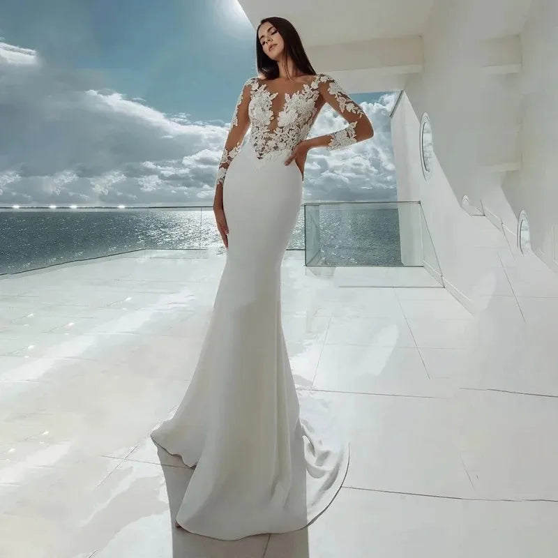 Sexy illusion mermaid wedding dress 2026 scoop lace appliques long sleeves boho bridal gown
