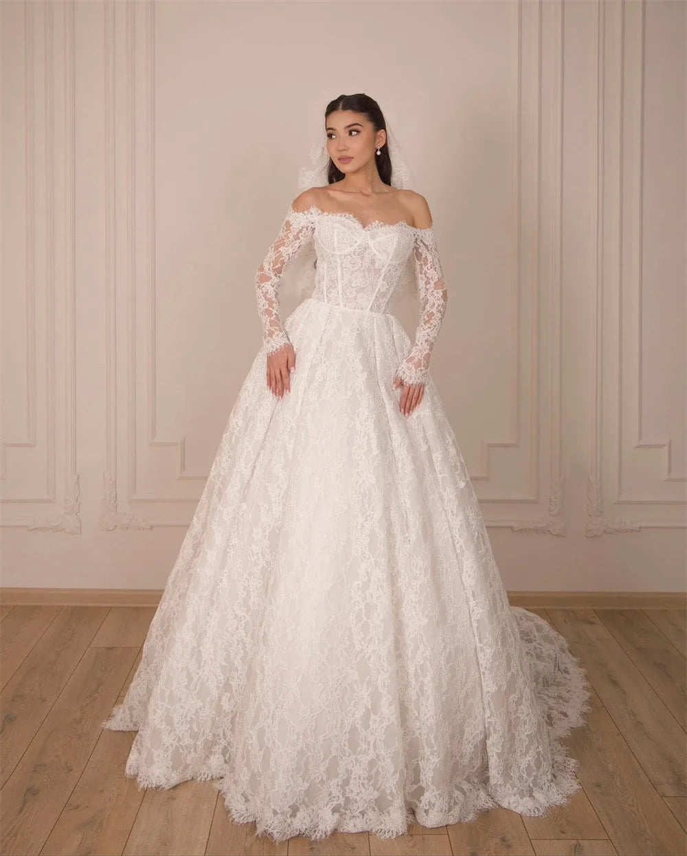 Boho lace appliques A-line wedding dress long sleeve sexy backless bridal gown elegant