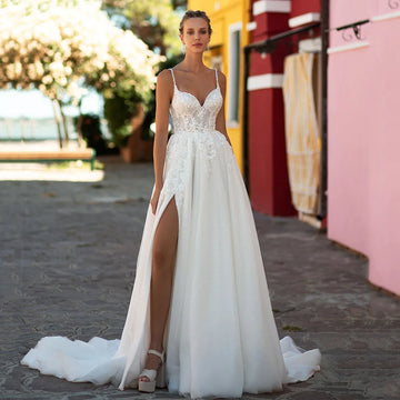 Luxury Wedding Dresses With Jacket Long Sleeve Brides Bridal Dress Side Slit Appliqued Lace Wedding Gown Customized