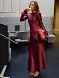 Slim elegant strapless satin sexy high split backless flare long sleeve party dress women back view