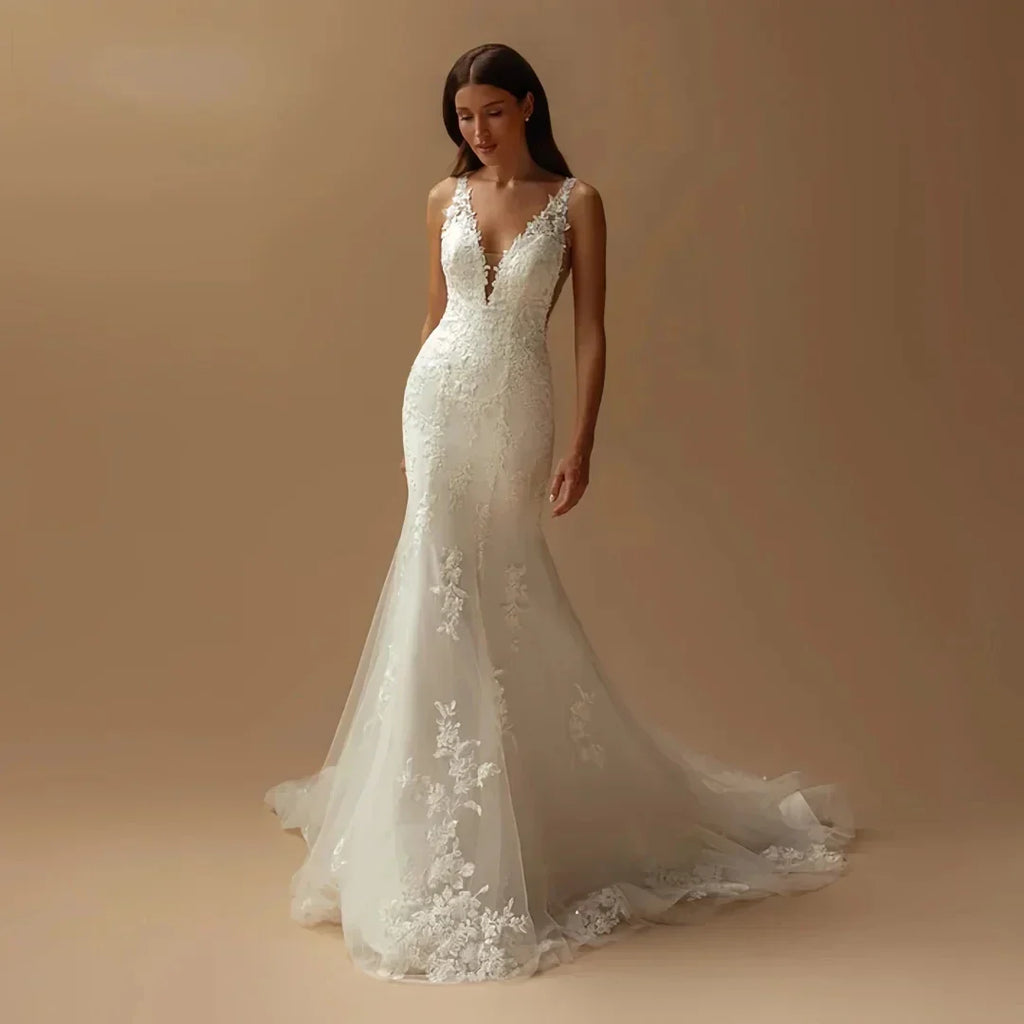 Charming V-Neck Wedding Dresses Sexy Lace Appliques Spaghetti Strapes Backless Mermaid Bridal Gown Vestido De Novia
