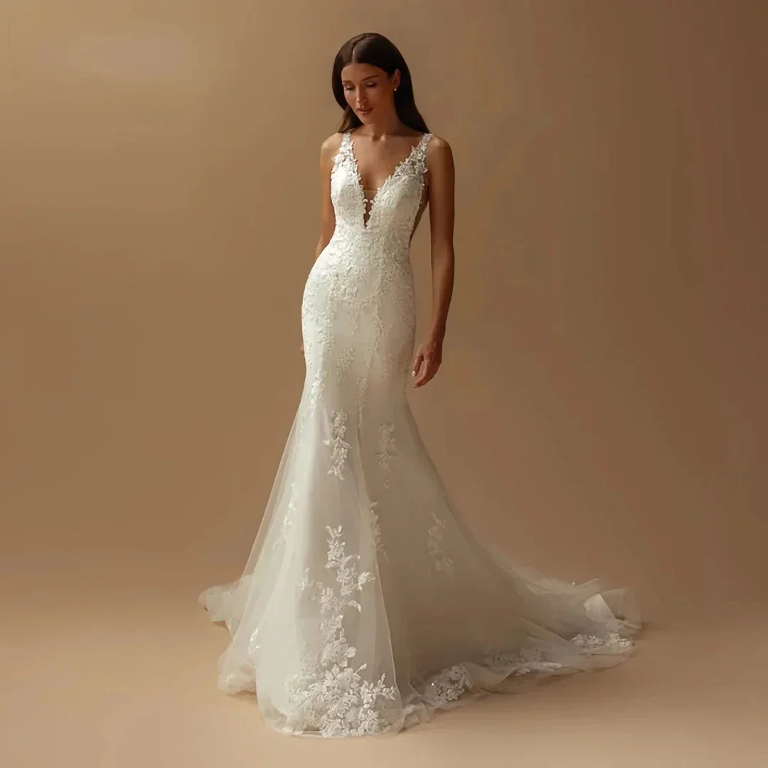 Charming V-Neck Wedding Dresses Sexy Lace Appliques Spaghetti Strapes Backless Mermaid Bridal Gown Vestido De Novia