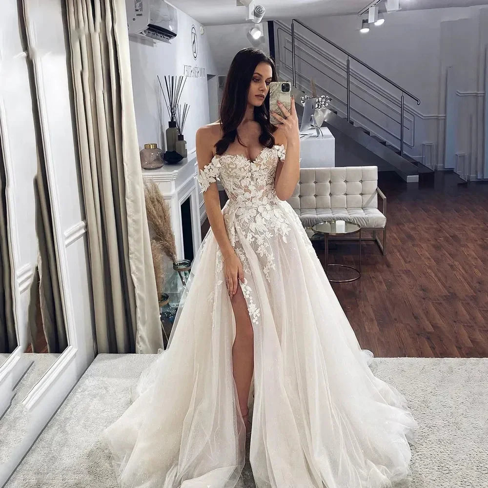 Elegance Floral Sexy Off Shoulder Applique Beach Wedding Dress Boho Side High Slit Bridal Gowns Sleeveless Vestidos de Novia