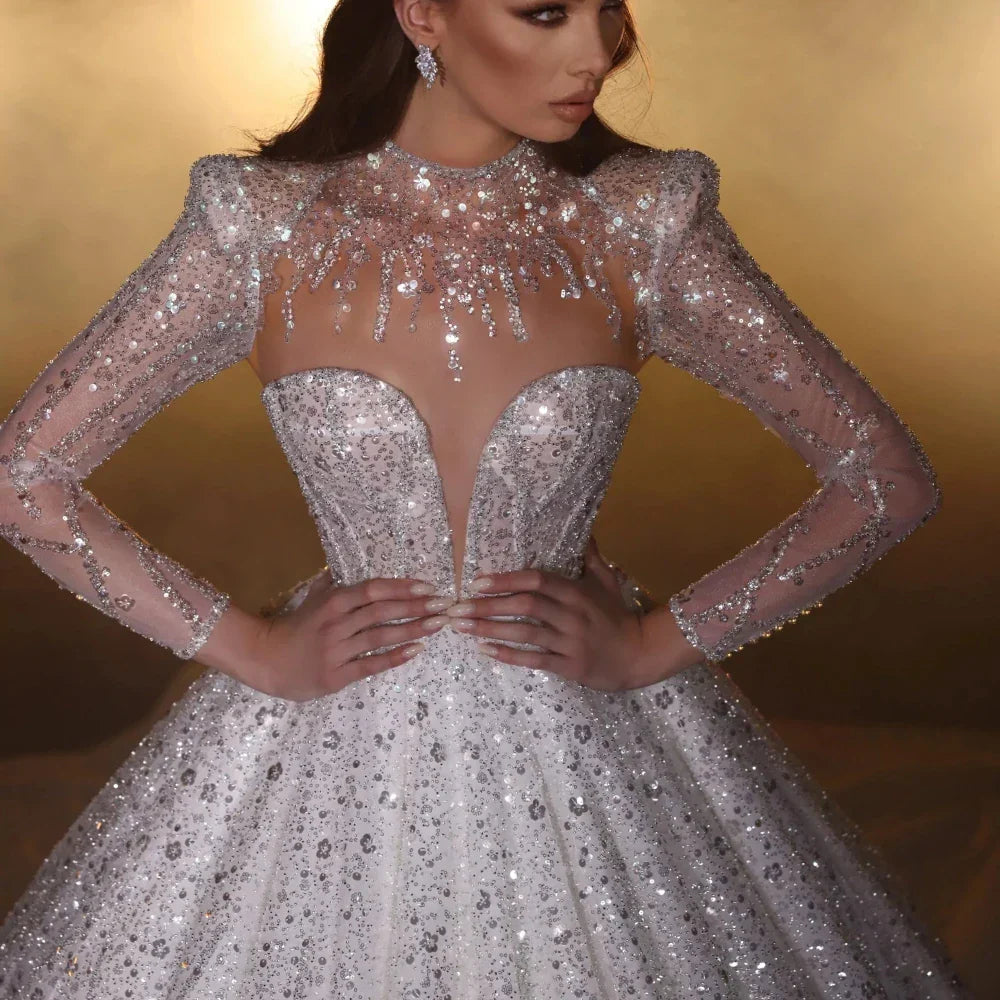 Modest High Collar Long Sleeve Bridal Dress Sparkly Sequins Wedding Gown Luxury Ball Gown Long Bride Robe Vestido De Novia