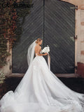 Romantic sweetheart sleeveless floral appliques lace ball gown bridal gown front view