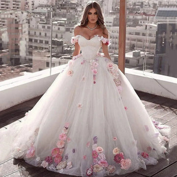 2026 Sweetheart Wedding Dresses Tulle White Off The Shoulder Appliques Ball Gown Princess Flowers Formal Party Gowns For Women