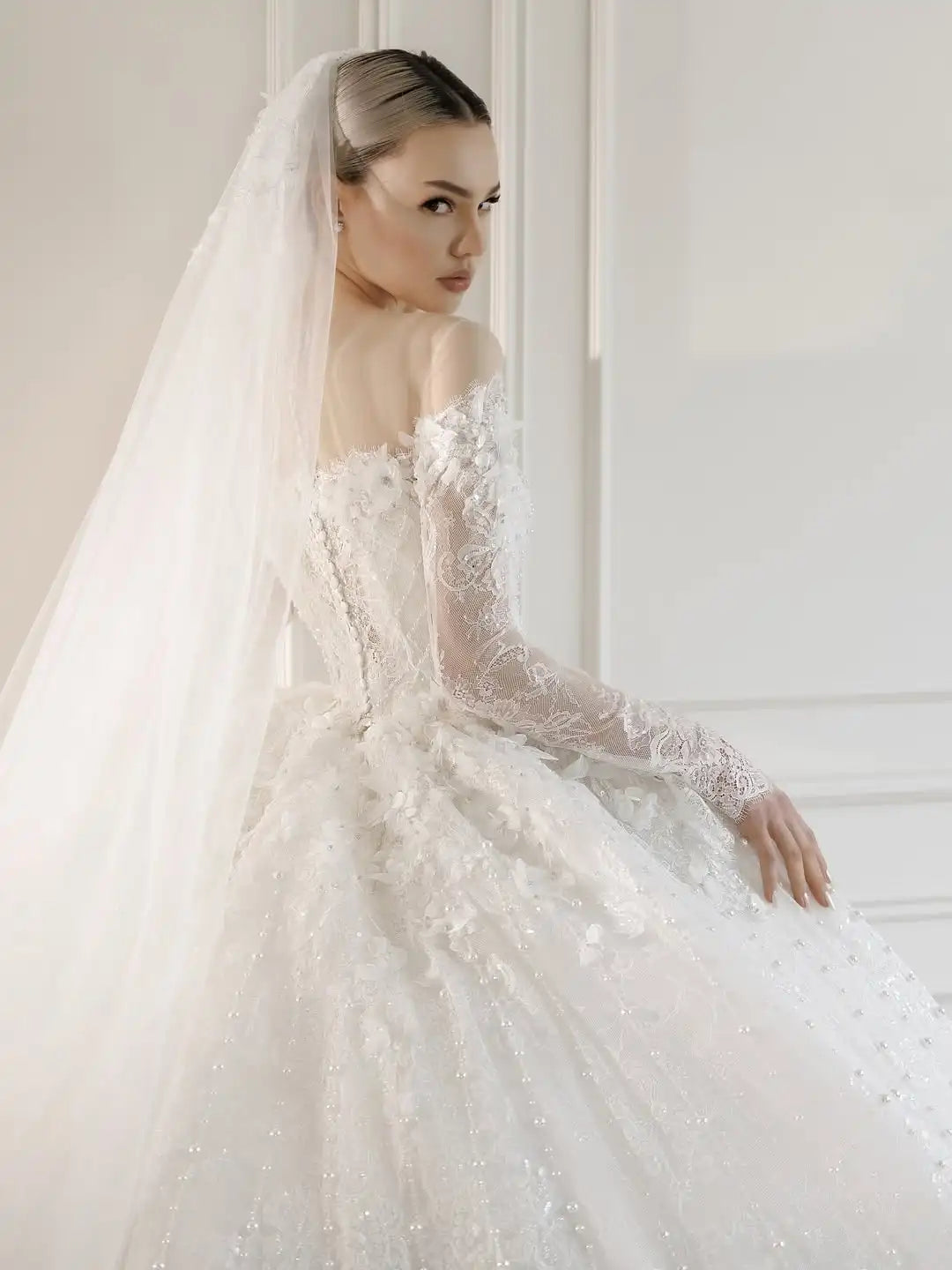 O-neck long sleeve beaded lace wedding dress – back view – Snowy Bridal