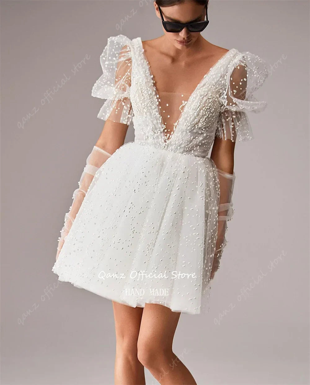 Qanz Boho Wedding Dresses Tulle Puff Sleeves Short Wedding Party Dress A Line Backlessdress Bride Birthday Dresses Luxur
