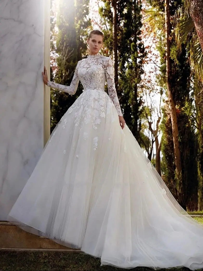 Gorgeous A-Line Wedding Dresses High-Neck Long Sleeves Lace Appliques Bridal Gowns 2024 Tulle Tiered Robes Vestidos De Novia As pics