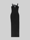 Black high split bandage V-neck spaghetti strap sleeveless mesh hollow bodycon evening party dress detail