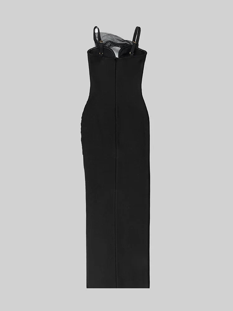 Black high split bandage V-neck spaghetti strap sleeveless mesh hollow bodycon evening party dress detail