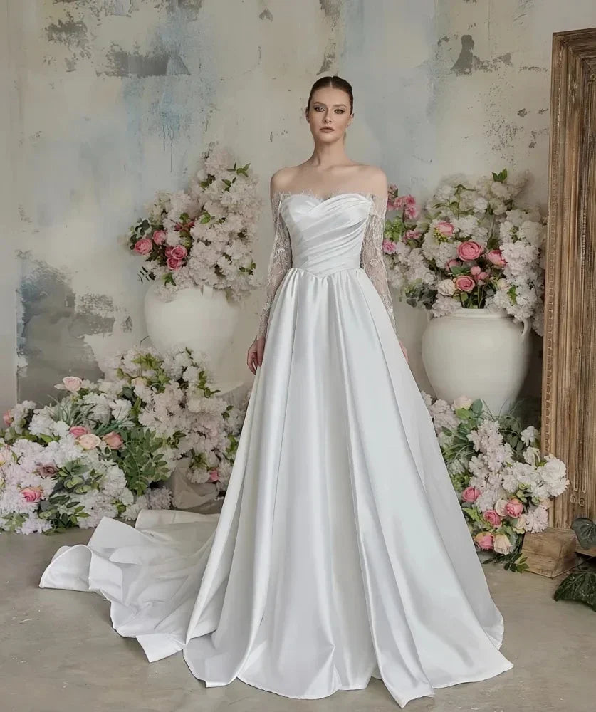 Elegant A-line wedding dress 2026 sheer neck lace long sleeves satin church bride bridal gown