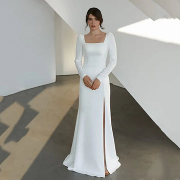 Customized Long Sleeve Wedding Dress Simple Mermaid Bride Dress Square Neck Backless Slit Formal Bridal Dress 2026