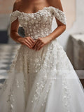 Vintage A-line tulle off-shoulder elegant lace appliques floor length bridal gown back view