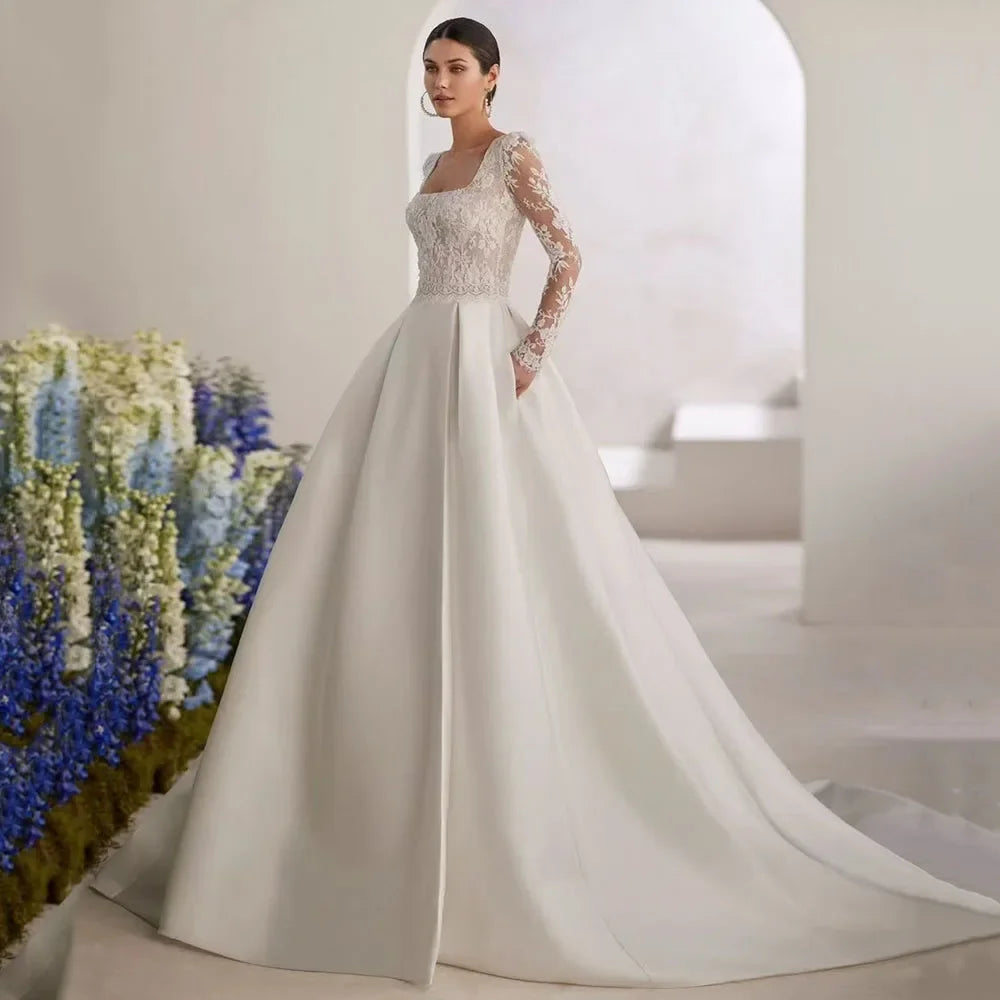 Customized Modest Lace A-line Satin Wedding Dress Pockets Open Back Long Sleeve Women Princess Brides Wedding Gown 2025