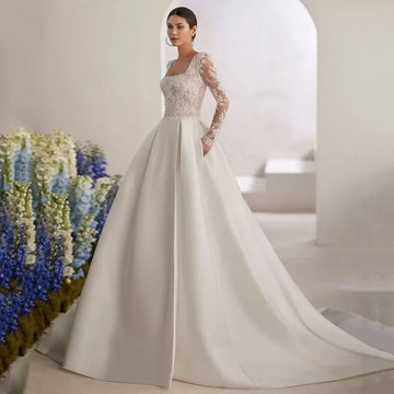 Customized Modest Lace A-line Satin Wedding Dress Pockets Open Back Long Sleeve Women Princess Brides Wedding Gown 2025