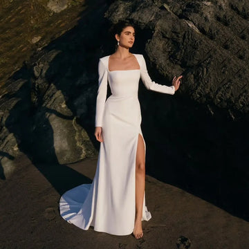 Civil Crepe Mermaid Wedding Dresses High Slit Formal Wedding Party Dress Long Sleeves Mermaid Bridal Gowns Customized