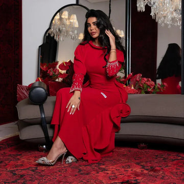 Women's Luxury Evening Dress فساتين سهره سعوديه Elegant Sequined Straight O-Neck Formal Red Cocktail Prom Gown