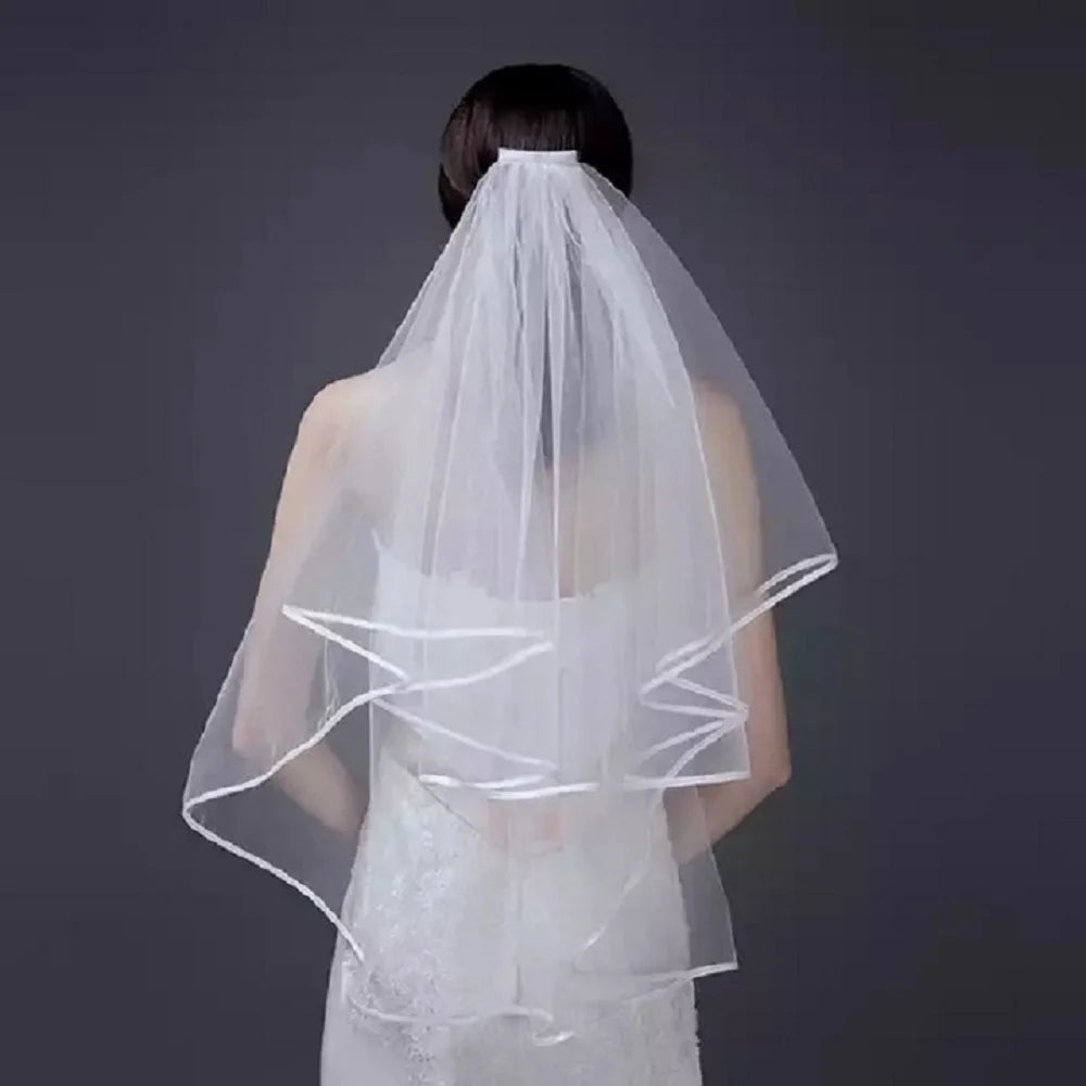 Ramanda Two-Layer Lace Bridal Veil Tulle Ribbon Edge Shoulder Length Bridal Veils