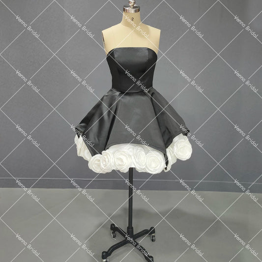 White Black Rosette Flower Mini Cocktail Dress Strapless Customized 3D Rose Flowers Real Photos Puffy Gothic Wedding Gowns