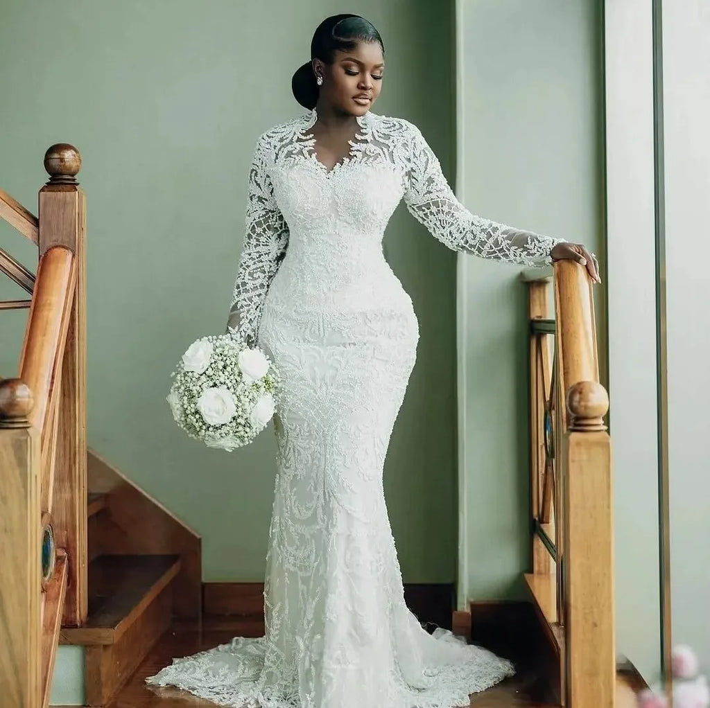 African Plus Size Mermaid Wedding Dress Bridal Gowns for Bride Illusion Detachable Train Long Sleeves Beaded Lace Crystals