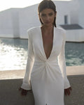 Deep V-neck full sleeves 2026 gorgeous mermaid satin button slit wedding dress bridal gown side view