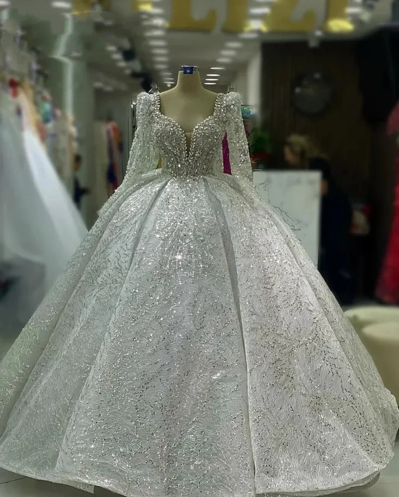 Luxury lace beaded crystals wedding dress long sleeve Muslim bridal ball gown