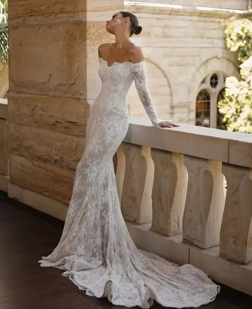 Jane Eyre Gorgeous Lace Mermaid Wedding Dress Sexy Off The Shoulder Long Sleeve Boho Beading Bridal Gowns Customized