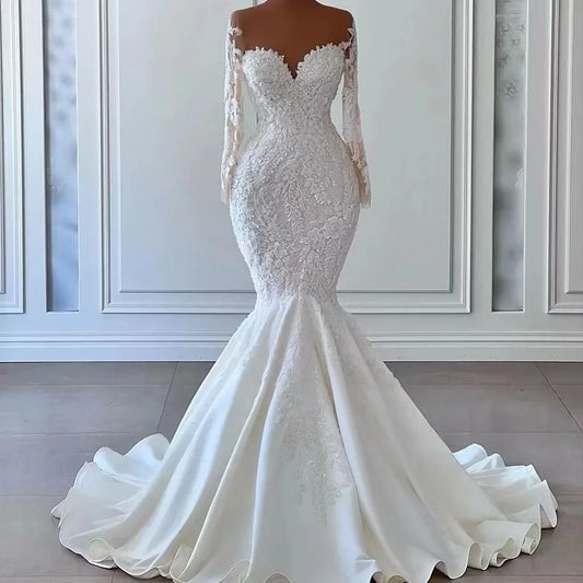 Customized Elegant Mermaid Wedding Dresses Sheer Neck Long Sleeve Lace Appliques Beads Bridal Gowns vestidos de novia