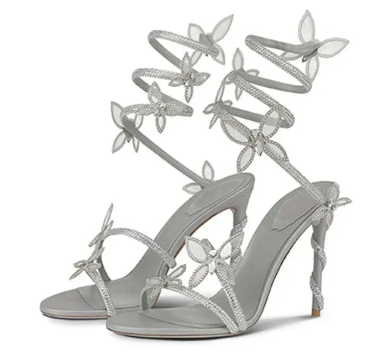 Shiny Crystal Rhinestone Butterfly Flower High Heels Women's Summer Elegant Sexy PU Round Head Sandals Party Dress