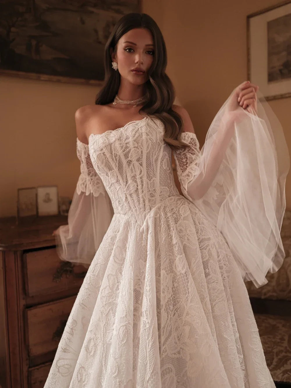 Customized  Detachable Sleeves Lace A-line Wedding Dress Strapless Bridal Gown 2026 For Bride Elegant Dresses Vestido De Noiva