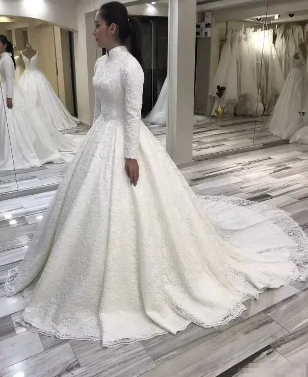 Lace beading Muslim wedding dress long sleeve vintage high neck bridal gown 2025