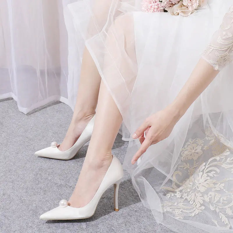 Summer New Elegant Ladies Bridal Wedding Party Shoes Pearl Satin Pumps Fashion Versatile Wedding High Heels Solid Color