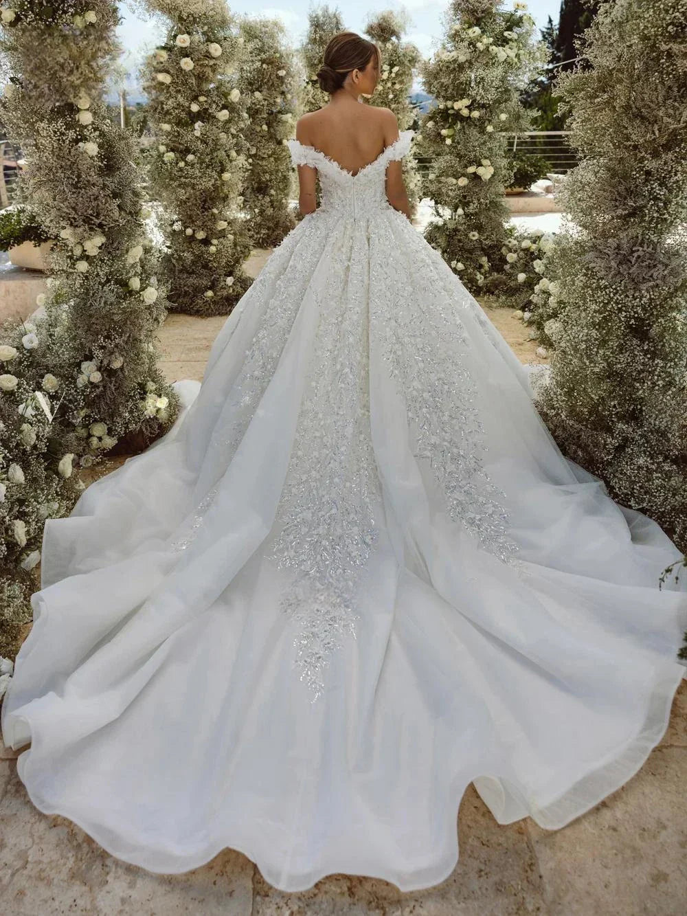 Elegant Off The Shoulder Bridal Dress Sparkly Sequins 3D Flower Wedding Gown Luxury Ball Gown Long Bride Robe Vestido De Novia